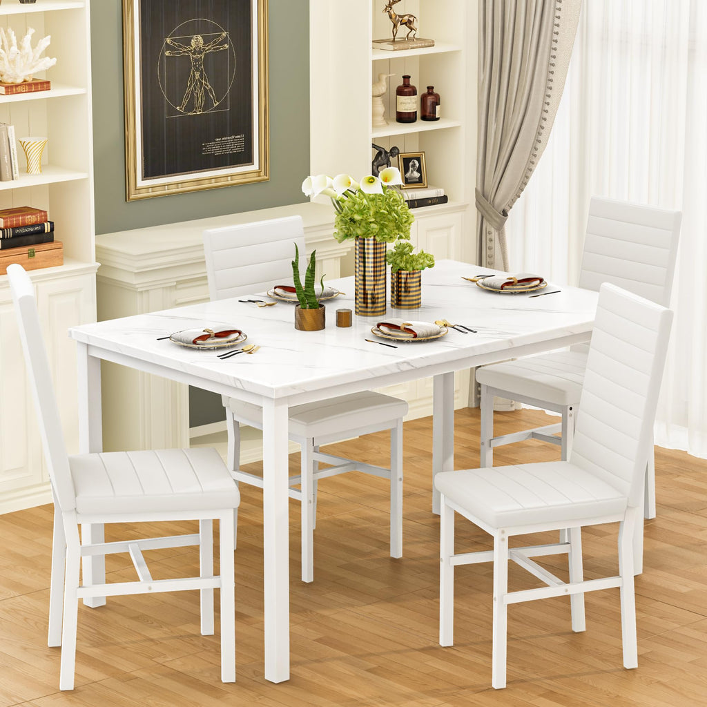 Dining Table Set for 4, 5-Piece Faux Marble Dinner Table Set with 4 Upholstered PU Leather Chairs Kitchen Table