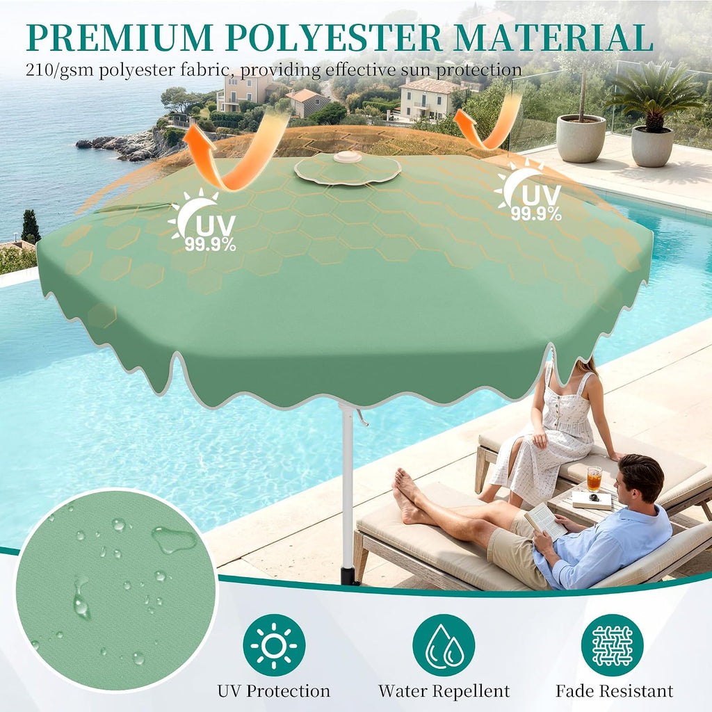 Patio Umbrella with Wavy Trim, UV-Fade-Resistant Canopy, Crank & Tilt - Pale Green 9ft