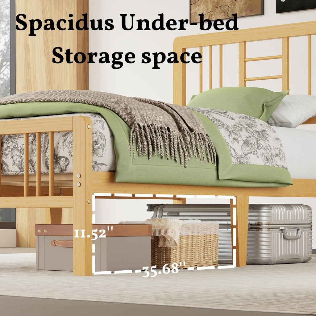 14 Inch Bamboo Wood Twin Size Platform Bed Frame with Headboard and Footboard, Metal Slat Support Bed Frame Twin