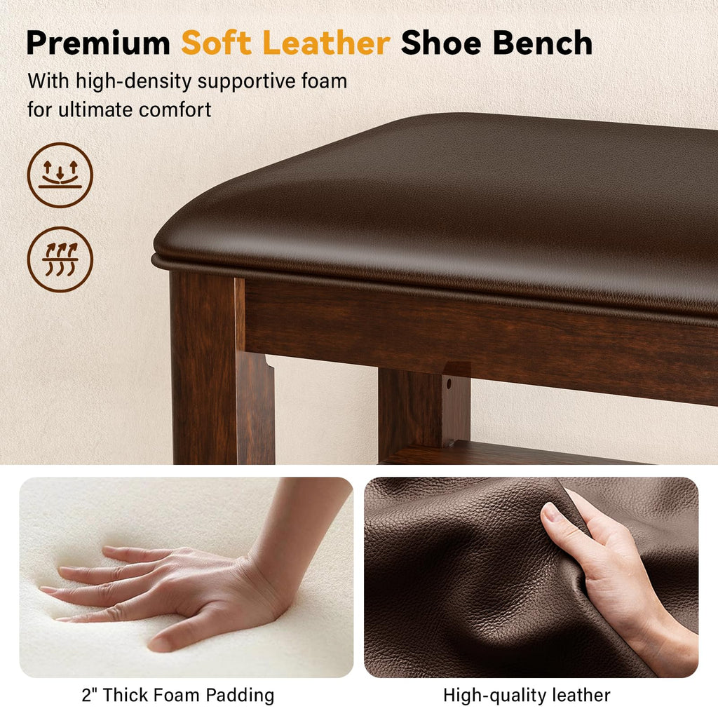 Shoe Rack Bench, 3 Tier Adjustable Shelves Wood 39.4''