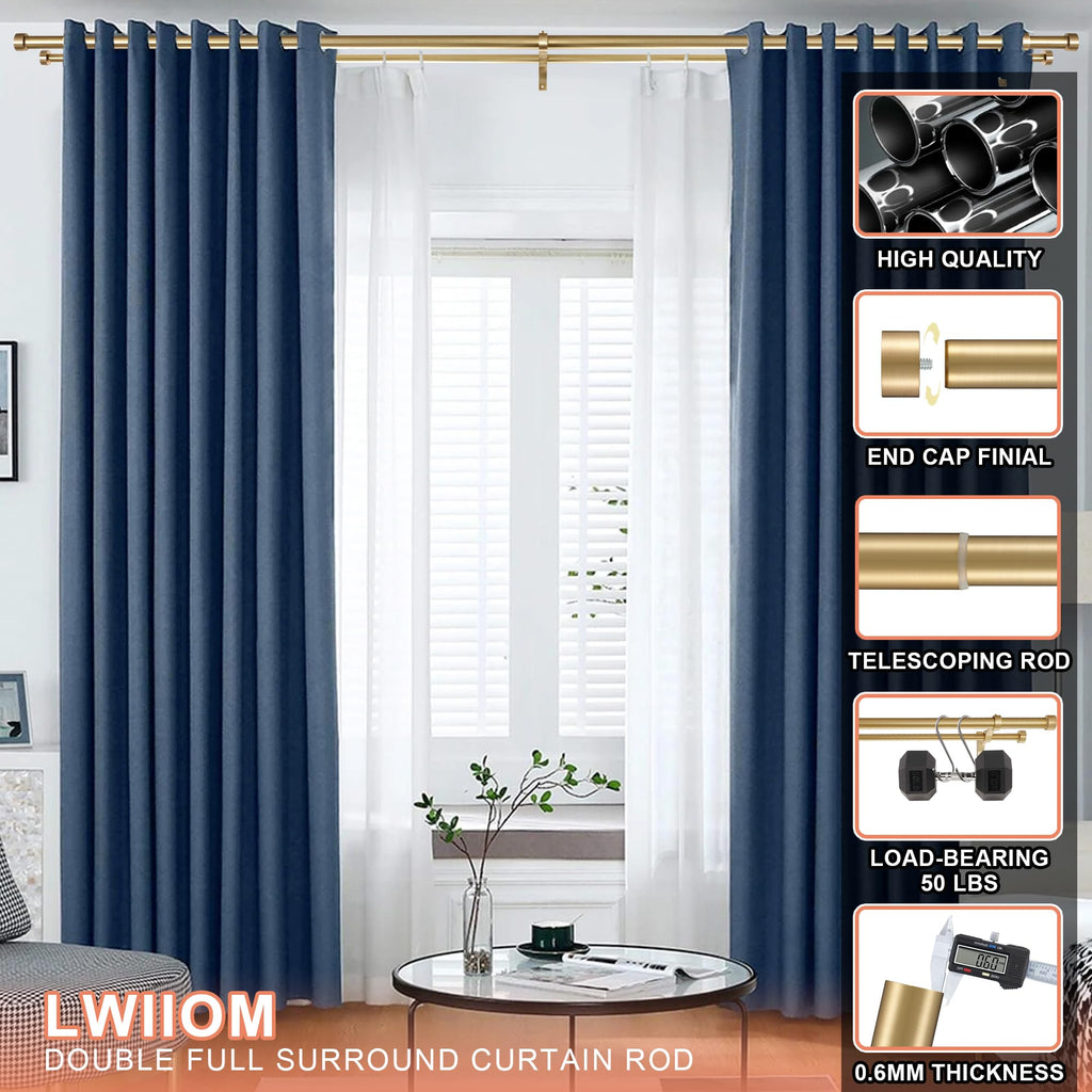 Double Curtain Rods with Aluminum End Cap and Full Surround Brackets, 1"Front and 5/8" Back Rod, Adjustable between 72