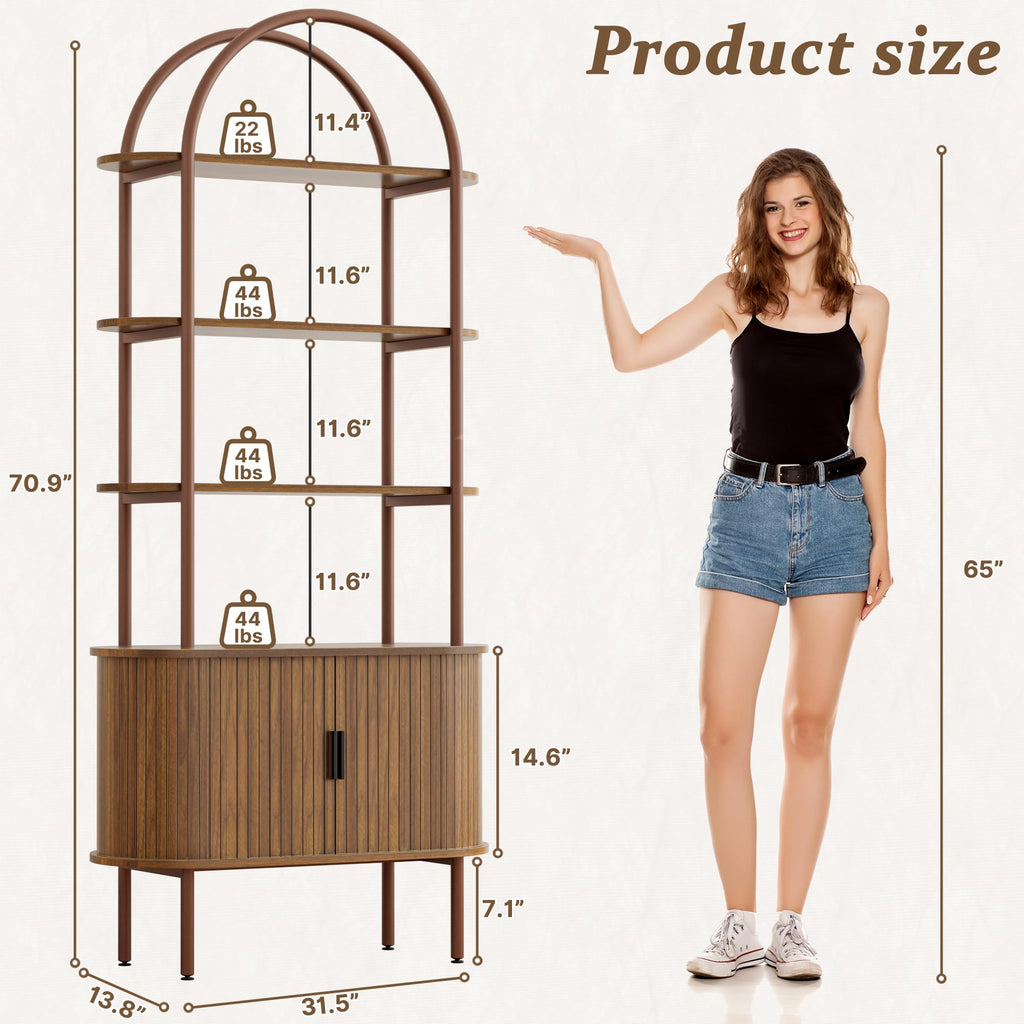 71" Tall Arched Bookshelf with Sliding Doors, 4-Tier Bookcase, Walnut