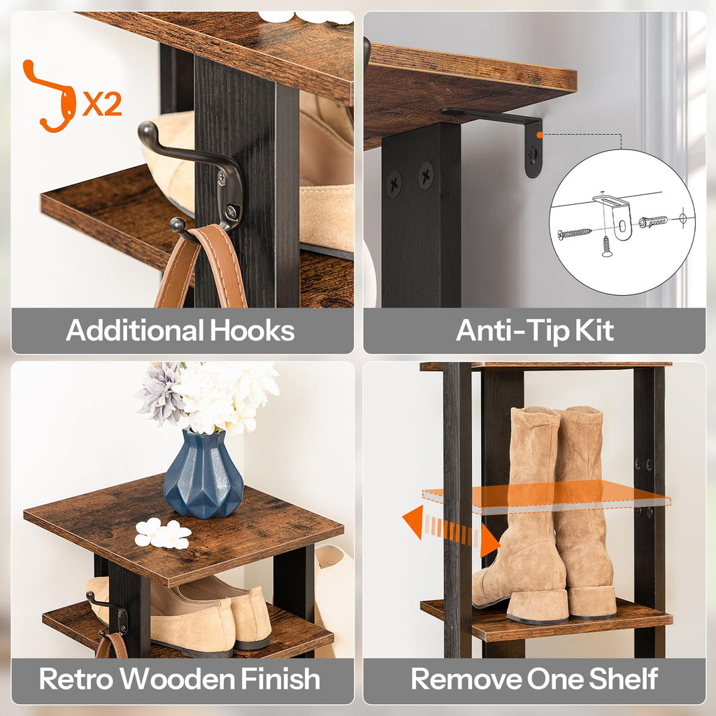 8 Tiers Vertical Shoe Rack, Wooden Shoe Storage Organizer with Hooks, Narrow Shoe Tower for 8 Pairs, Space Saving