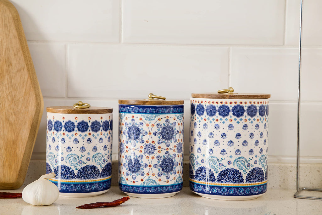 Blue Talavera Ceramic Canister Set of 3 Counter, 62oz, 40oz, 32oz each, with Wooden Air Tight Lid, Food Storage Jar