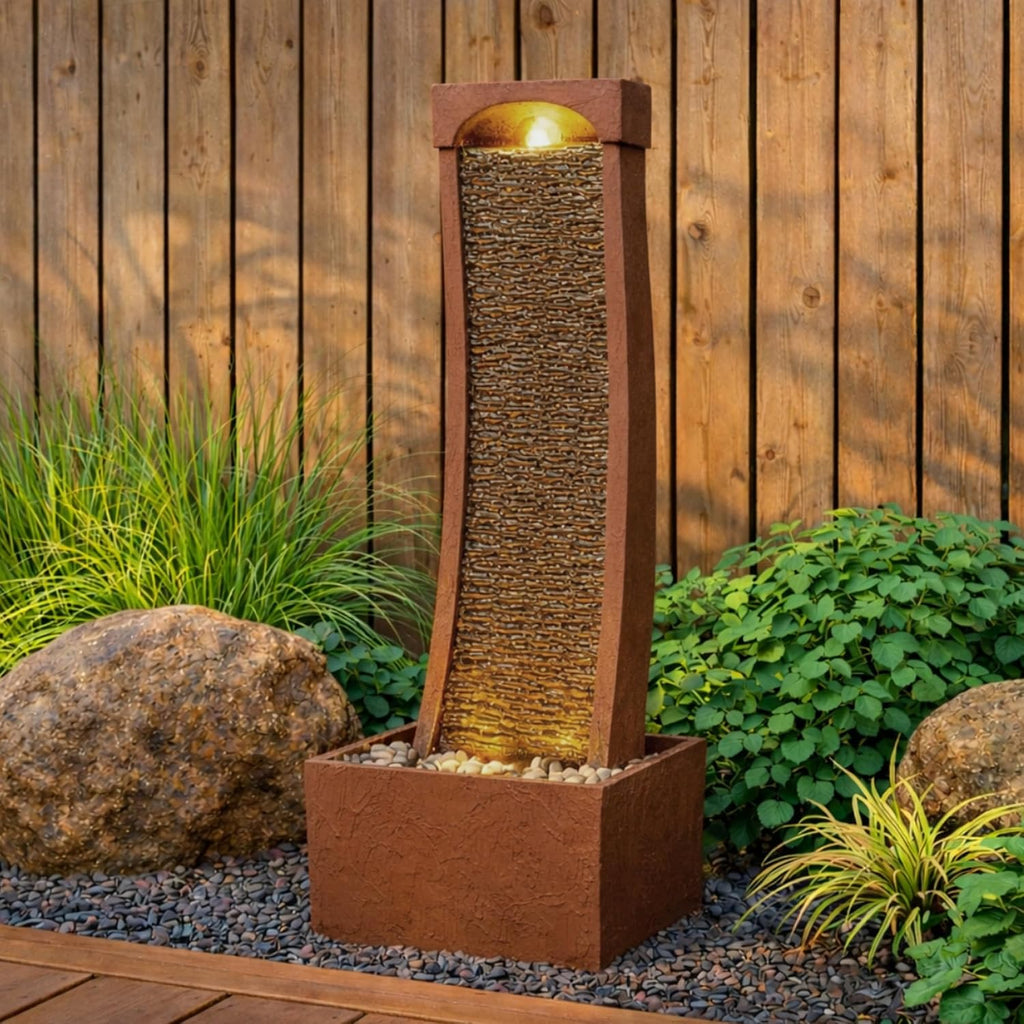 38.5" Modern Curved Faux Slate Waterfall Fountain with LED Lights, Red Rock