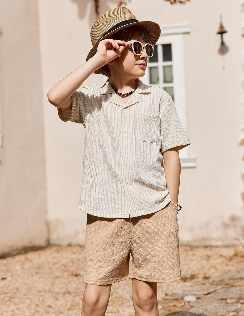 Boys Ribbed Textured Outfit Cuban Collar Shirt & Shorts