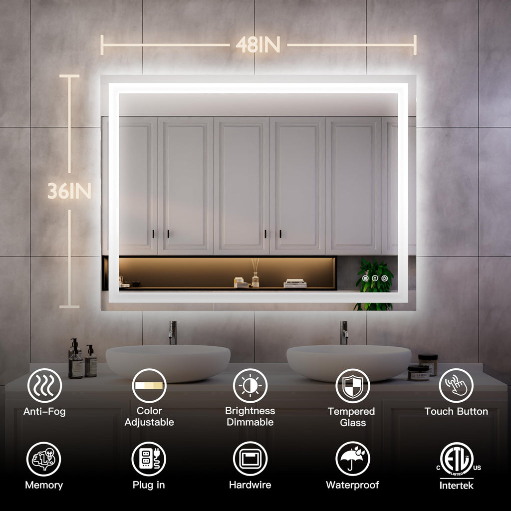 48x36 LED Bathroom Mirror, Wall Mounted Vanity Mirror, Dimmable