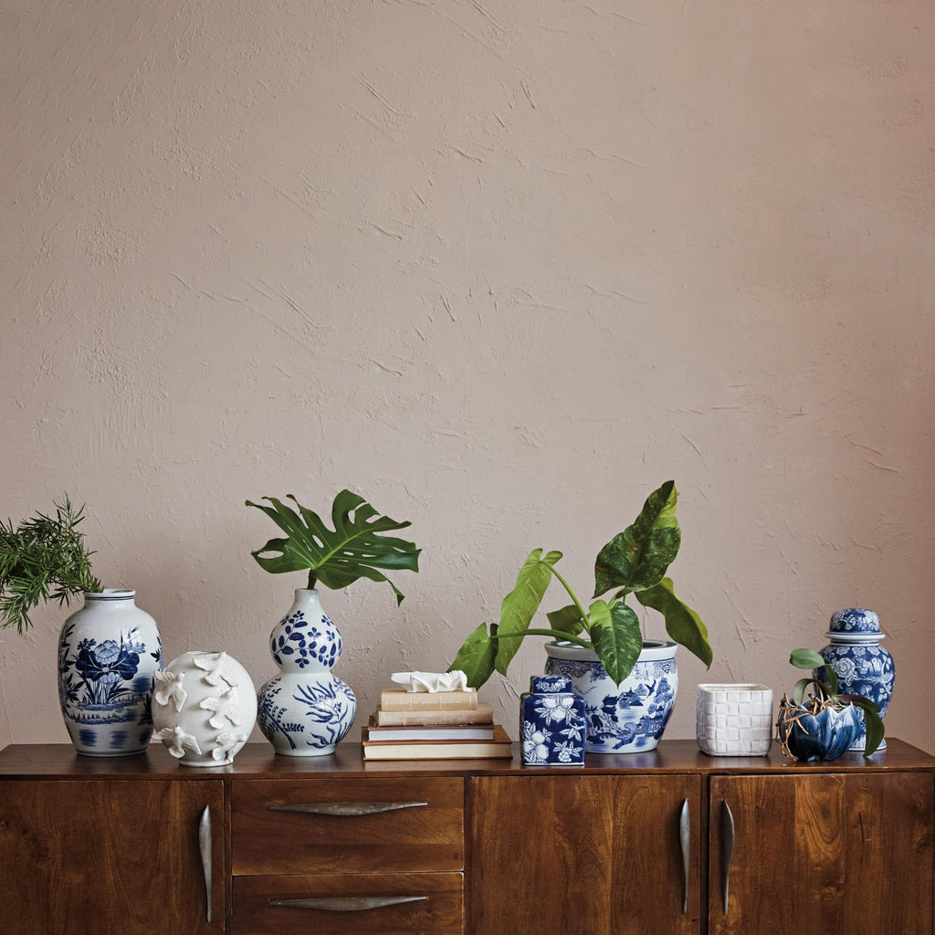 Hand-Painted Stoneware Planter, Blue and White