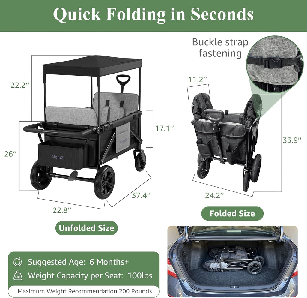 Wagon Stroller for 2 Kids, Collapsible Wagon Stroller with Removable Canopy, Foldable Stroller Wagon with 2 Seater