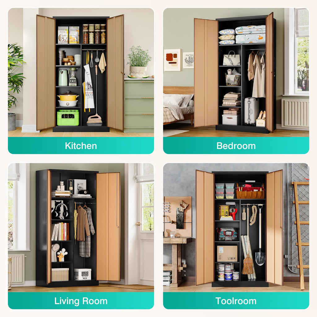 Wide & Deep Metal Storage Cabinet with Hanging Rod, Broom Closet Storage Cabinet with Lock, 72" Tall Wardrobe Cabinets