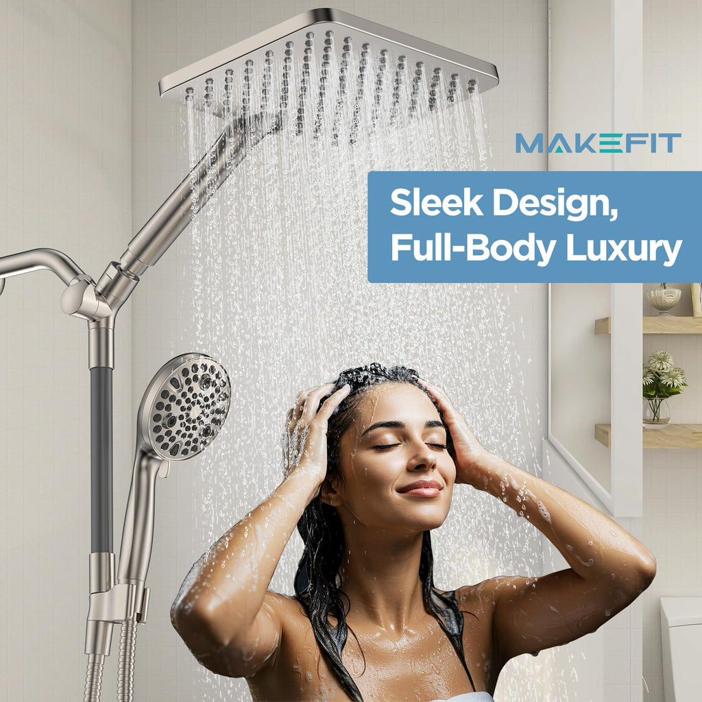 Dual Handheld Shower Head Combo, 2-in-1 Rain Shower Heads System Wide Rainfall Shower Head and 10 Modes High Pressure
