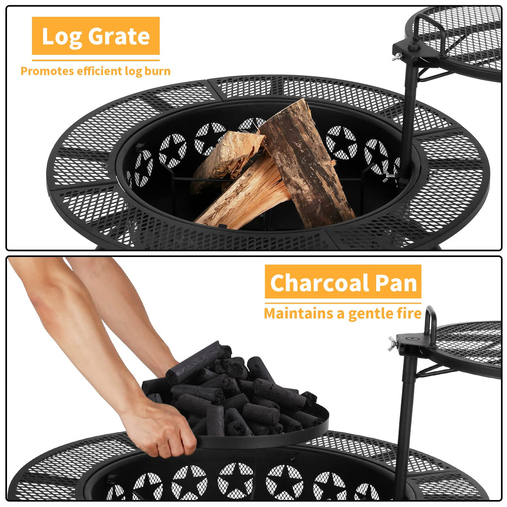 35 Inch Fire Pit with 2 Cooking Grate & Charcoal Pan, Outdoor Wood Burning BBQ Grill Firepit Bowl with Cover Lid