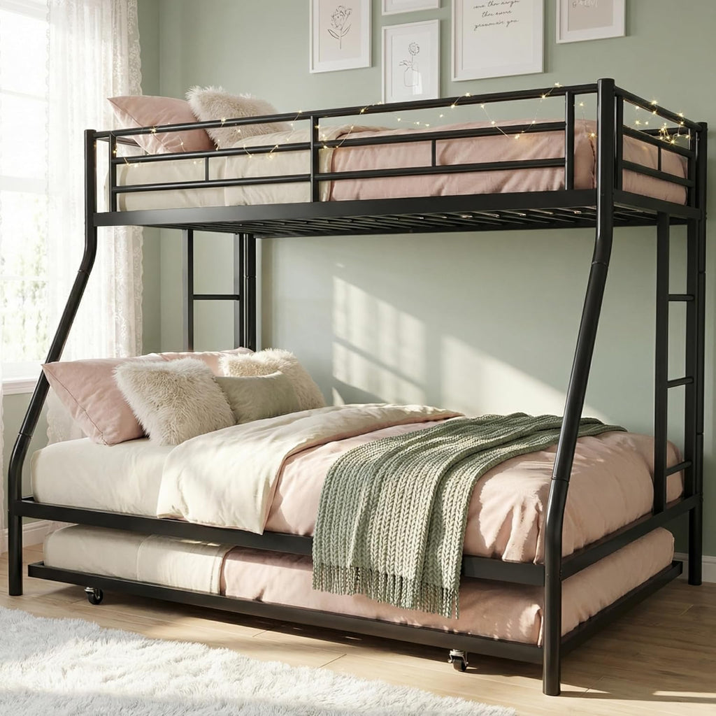 Twin Over Full Bunk Beds with Trundle, Heavy Duty Metal Triple Bunk Bed Frame