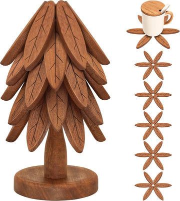 Wooden Trivets for Hot Dishes, Wooden Tree Trivet Set, Tree Coasters - of 5 + 1 Stand stored, Suited for Hots, Pans - Set of 5