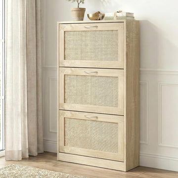Rattan Shoe Storage Cabinet with 3 Flip Drawers