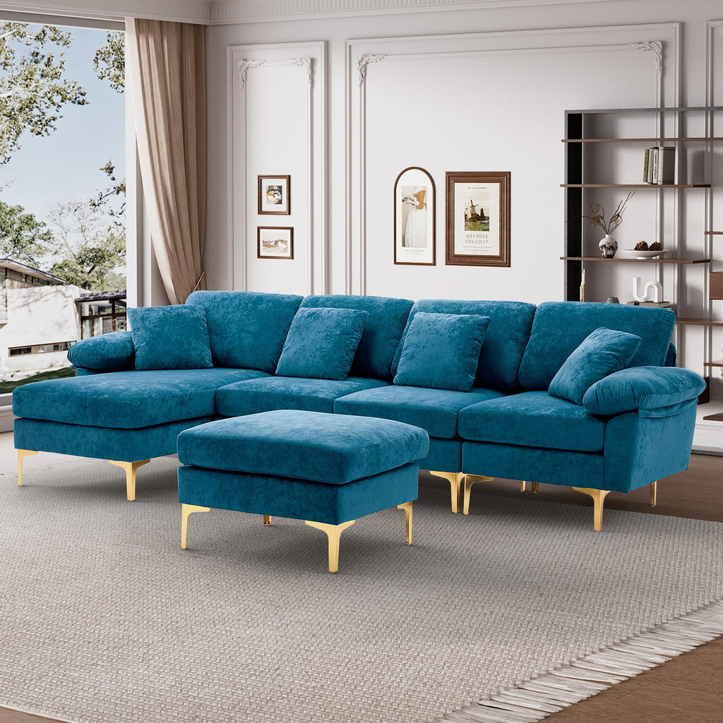 114" U-Shaped Velvet Sectional Couch with Ottoman, Teal Blue
