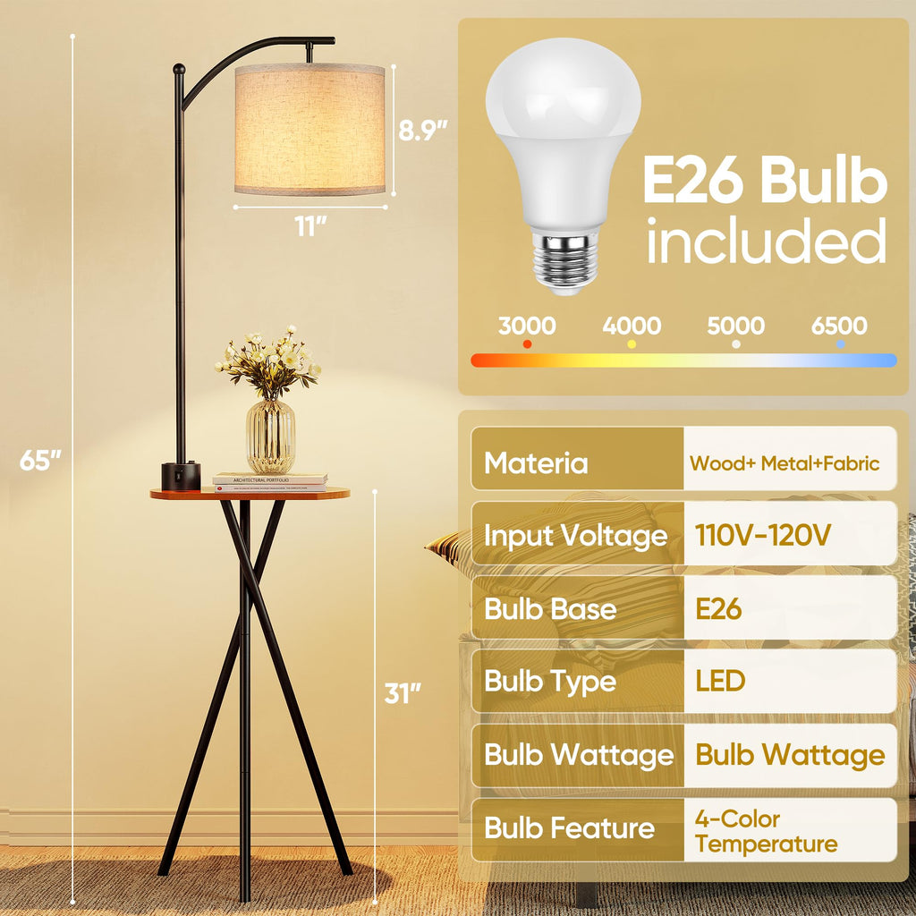 Floor Lamp with Table, End Table Lamp with Remote Control and Charging Station(USB A & Type-C & AC Port), 4 Color