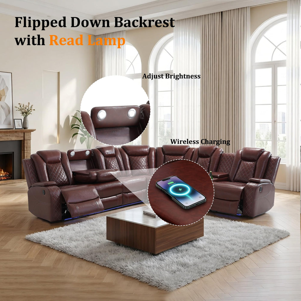PU Leather Power Recliner Sectional, L-Shape Reclining Couch, 6-Seat Sectional Sofa with LED Lighting/USB