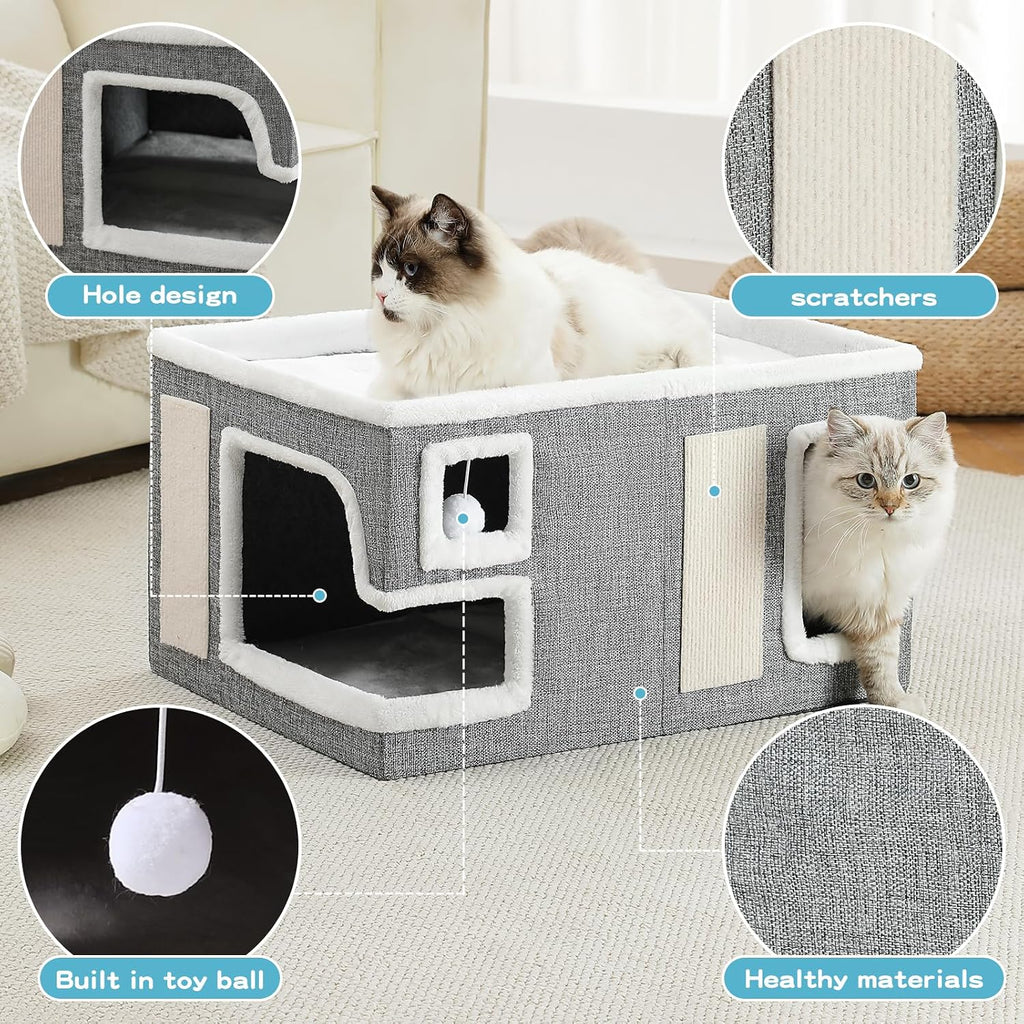Large Cat Houses for Indoor Cats, Extra Wide Cat Cave Bed with Scratch Pad and Fluffy Ball, Foldable Cat Hideaway