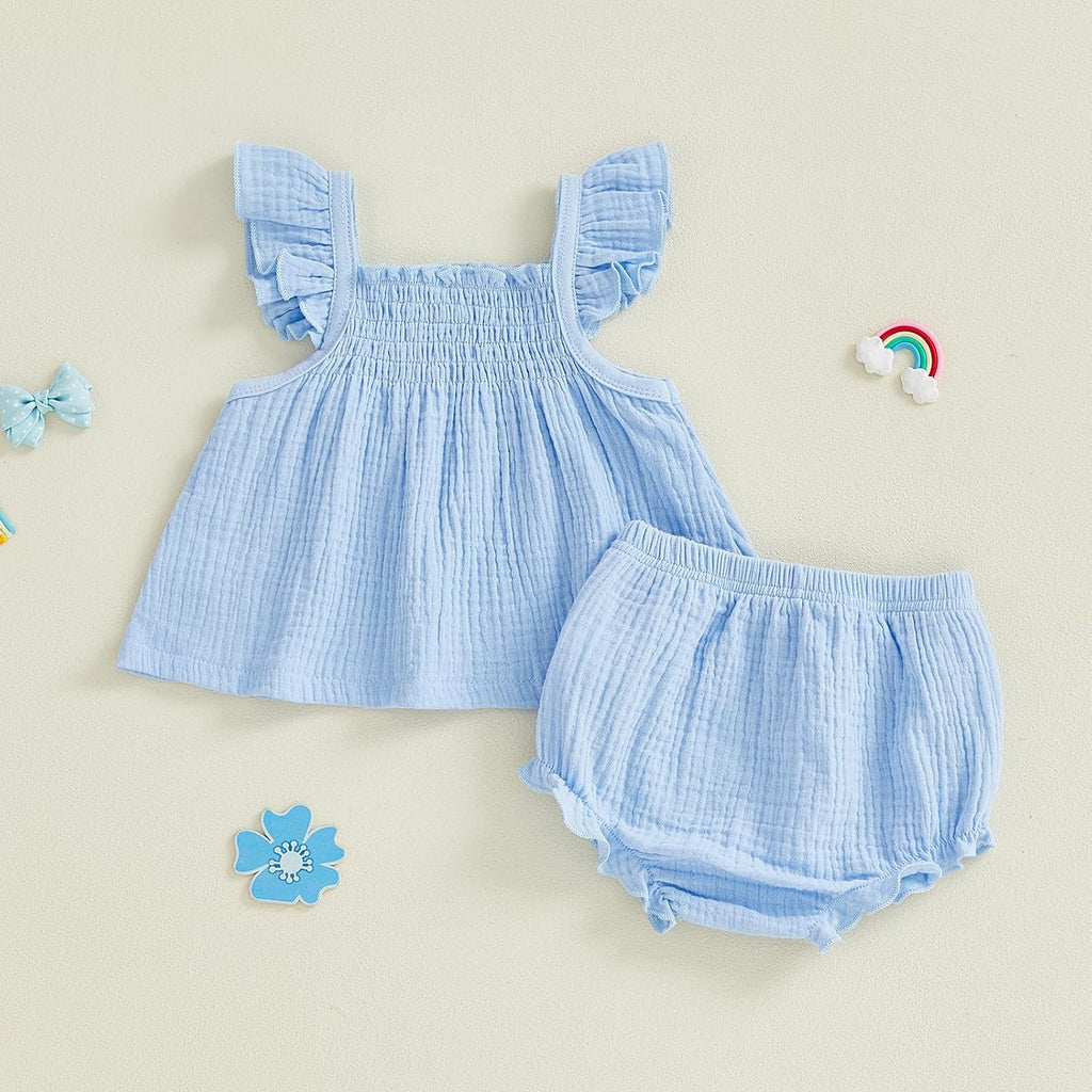 Baby Girl Summer Clothes Cute Basic Plain Cotton Linen Ruffle Tops Dress Shorts Outfits Set Shirt Princess Outfit