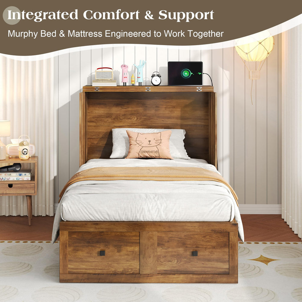 Twin Barnwood Murphy Bed with 6" Tri-Fold Memory Foam Mattress