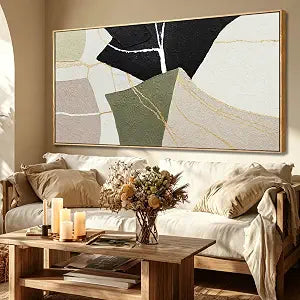Framed Canvas Paintings Wall Art Textured Black Beige And Green Minimalist Irregular Modern Art Wall Decor Pictures