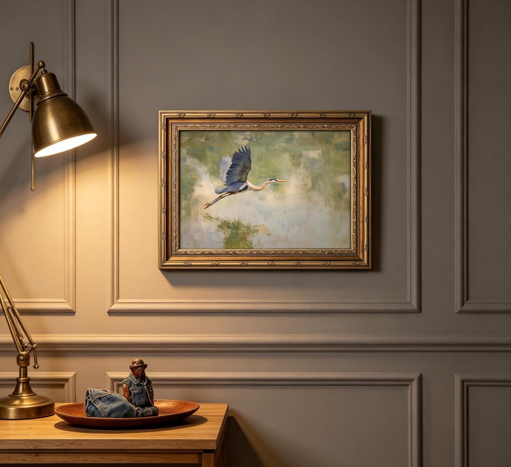 Vintage Gold Framed Heron Wall Art, Retro Impressionist Wetland Coastal Bird Oil Painting Canvas Print, Antique Blue