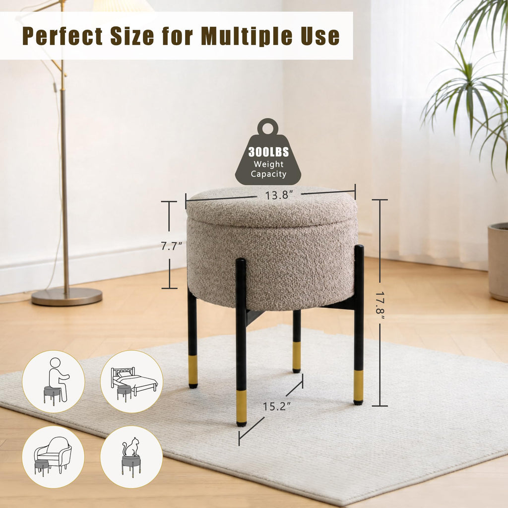 Round Ottoman with Storage, Soft Boucle Teddy Fabric Vanity Stool, Ottoman Coffee Table with Metal Legs, Foot Stool