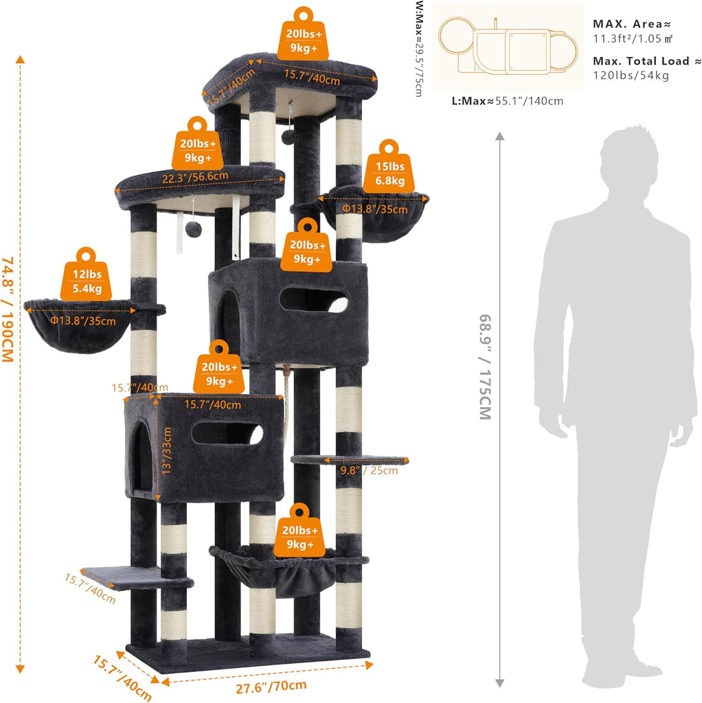 Cat Tree, 74.8-Inch Spacious & Tall Cat Tower for Large Cats