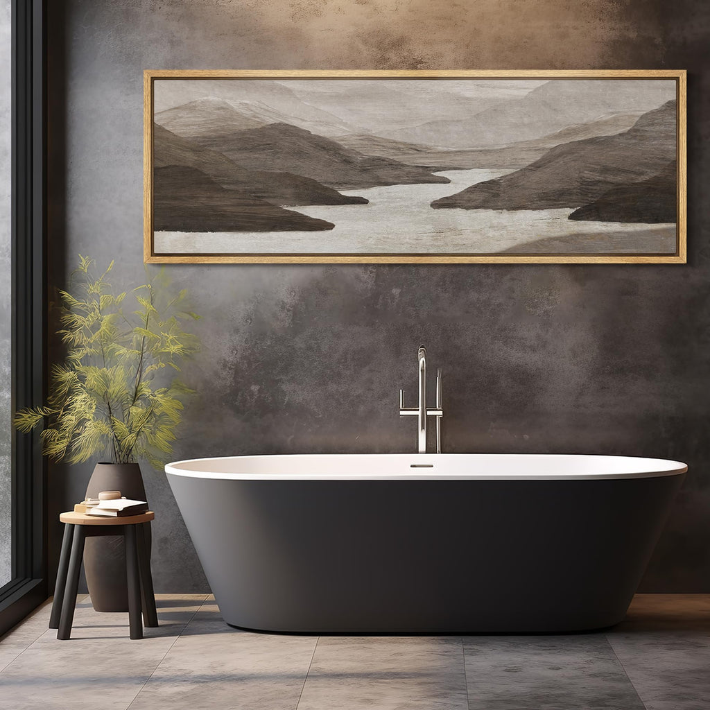 Large Framed Canvas Print Wall Art Monochrome Mountain Serenity Minimalist Landscape Illustrations Antique Retro Fine