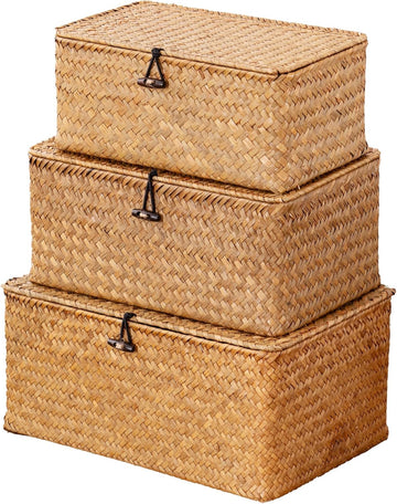Storage Basket with Lid, Natural Seagrass Bin with Lid Set of 3, Shelf Baskets Multipurpose Container for Boho