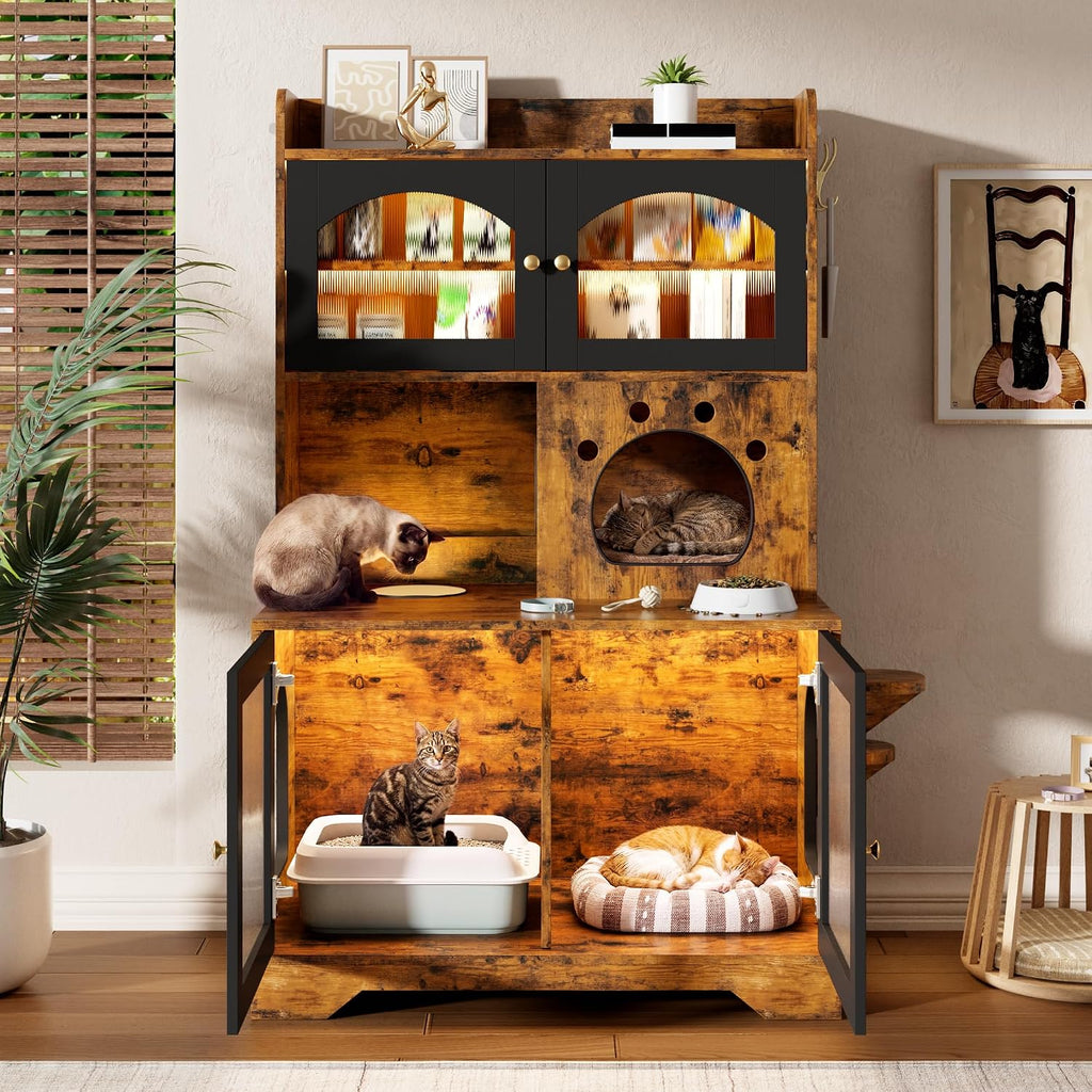 Cat Litter Box Enclosure with Storage Cabinet, Hidden Cat Washroom Furniture with Fluted Glass Doors & Cat Tree