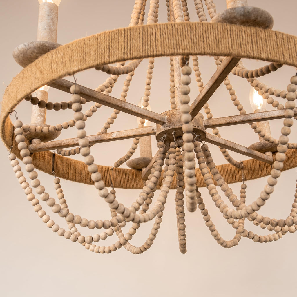 Farmhouse Chandelier 6-Light Wood Bead Rustic Ceiling Light