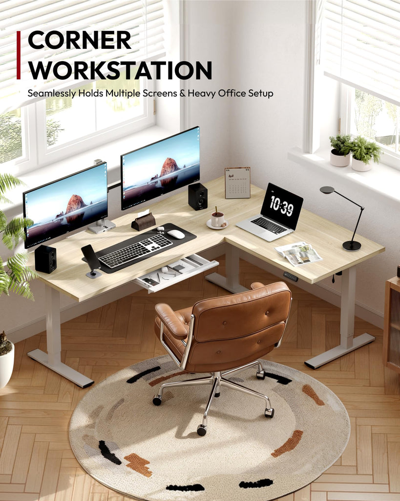 Electric L-Shaped Corner Standing Desk with Drawer, 63x55