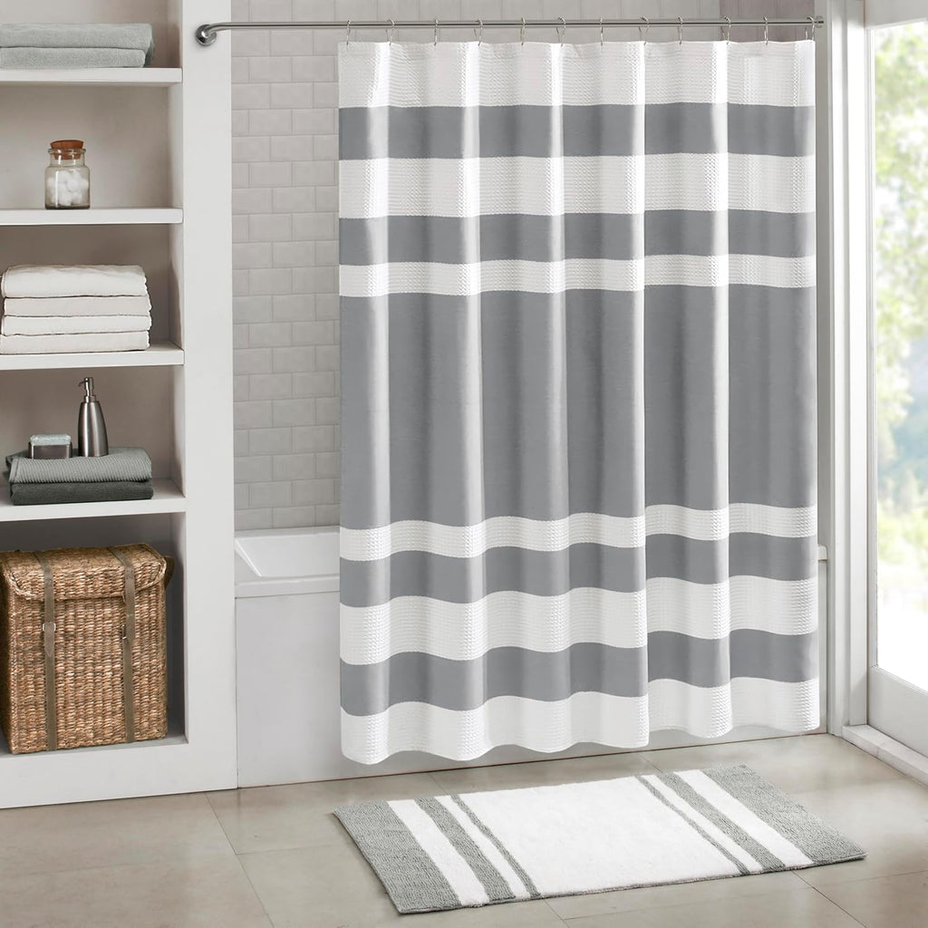 Spa Waffle Shower Curtain , 72 x 72, Grey | Striped, Pieced Fabric Design, 3M Scotchgard Moisture Management, Hotel
