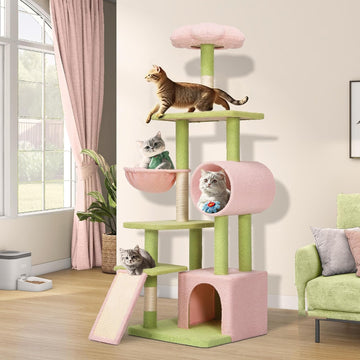 Tall Flower Cat Tree Tower with Detachable Perch, 65in Cute Cat Climbing Tower for Indoor Cats with Cat Condo