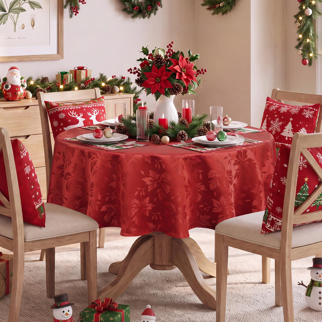 Christmas Jacquard Round Tablecloth 70 Inch, Red