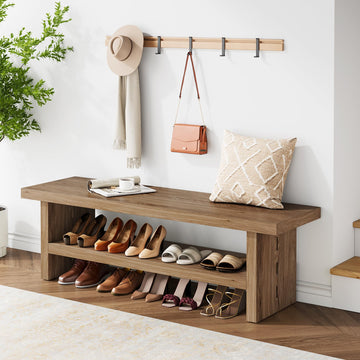 47" 2-Tier Wooden Entryway Bench with Shoe Storage, Oak Color