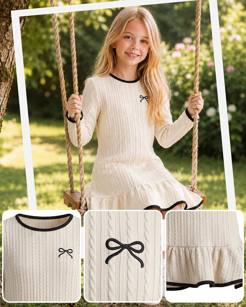 Cable Knit Sweater Dress, Long Sleeve Ruffle Hem, Fall Winter