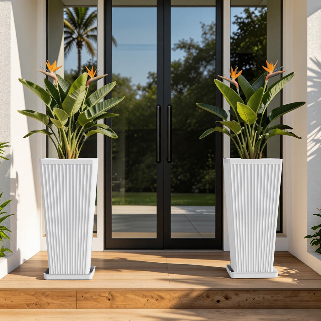 24" Tapered Tall Planters for Outdoor Plants with Tray&Shelf, White