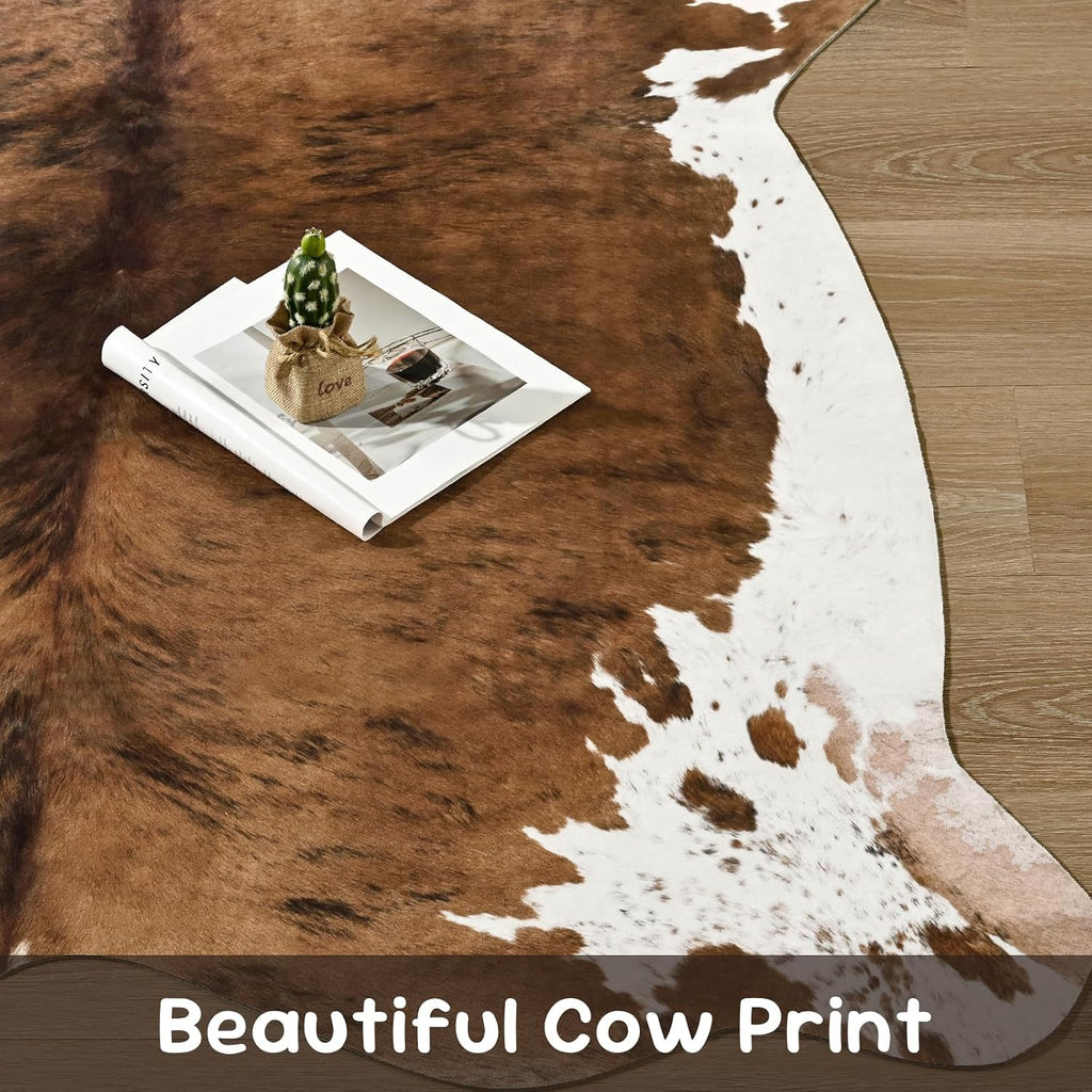 Faux Cowhide Print Rug, 4. .2 ft Brown Western Animal Cow Hide Rugs, Non Slip Cool Cow Skin Carpet Dining Room