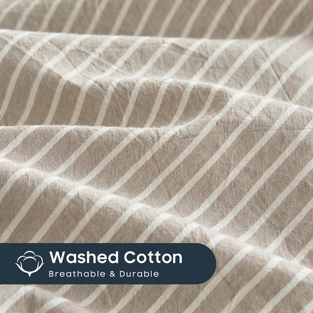 Striped Cotton Duvet Cover Set, 100% Washed Cotton Textured Bedding Set, Ticking Stripe Pinstripe Farmhouse, 3