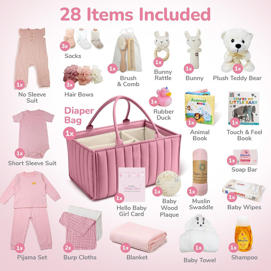 Premium New Baby Girl Gift Basket | Newborn Essentials Care Package in Diaper Caddy Organizer | Plush Toy, Baby