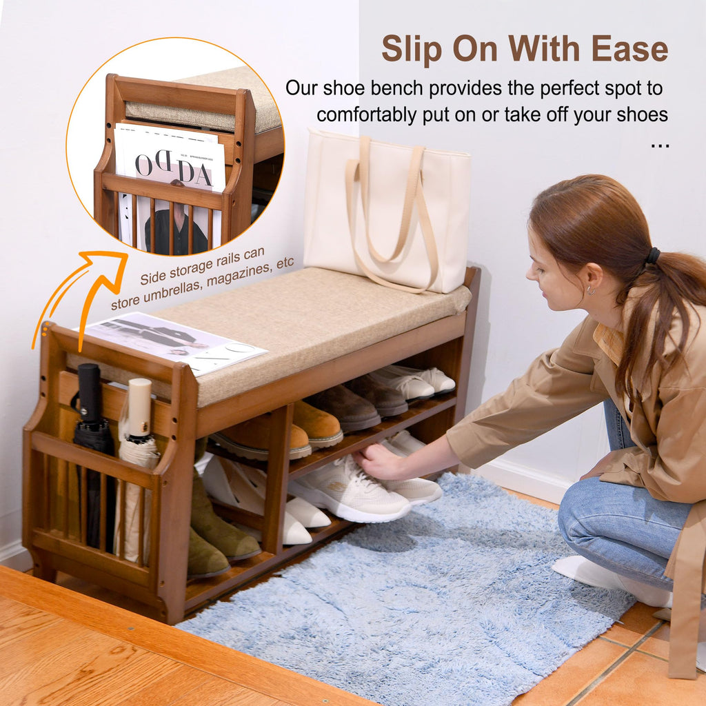 Shoe Bench with Hidden Drawer and Side Holder, 2 Tier Entryway Bench with Storage 39.4 in, Bamboo Shoe Rack with