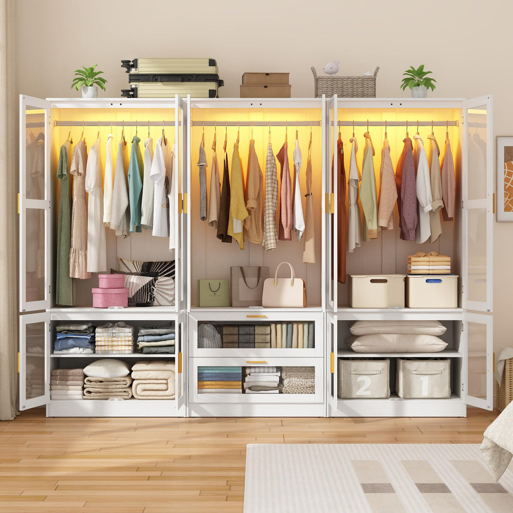 6 Doors Armoire Wardrobe Closet with LED and Mirror, 71" H Freestanding Wooden Wardrobe Closet Cabinet w 2