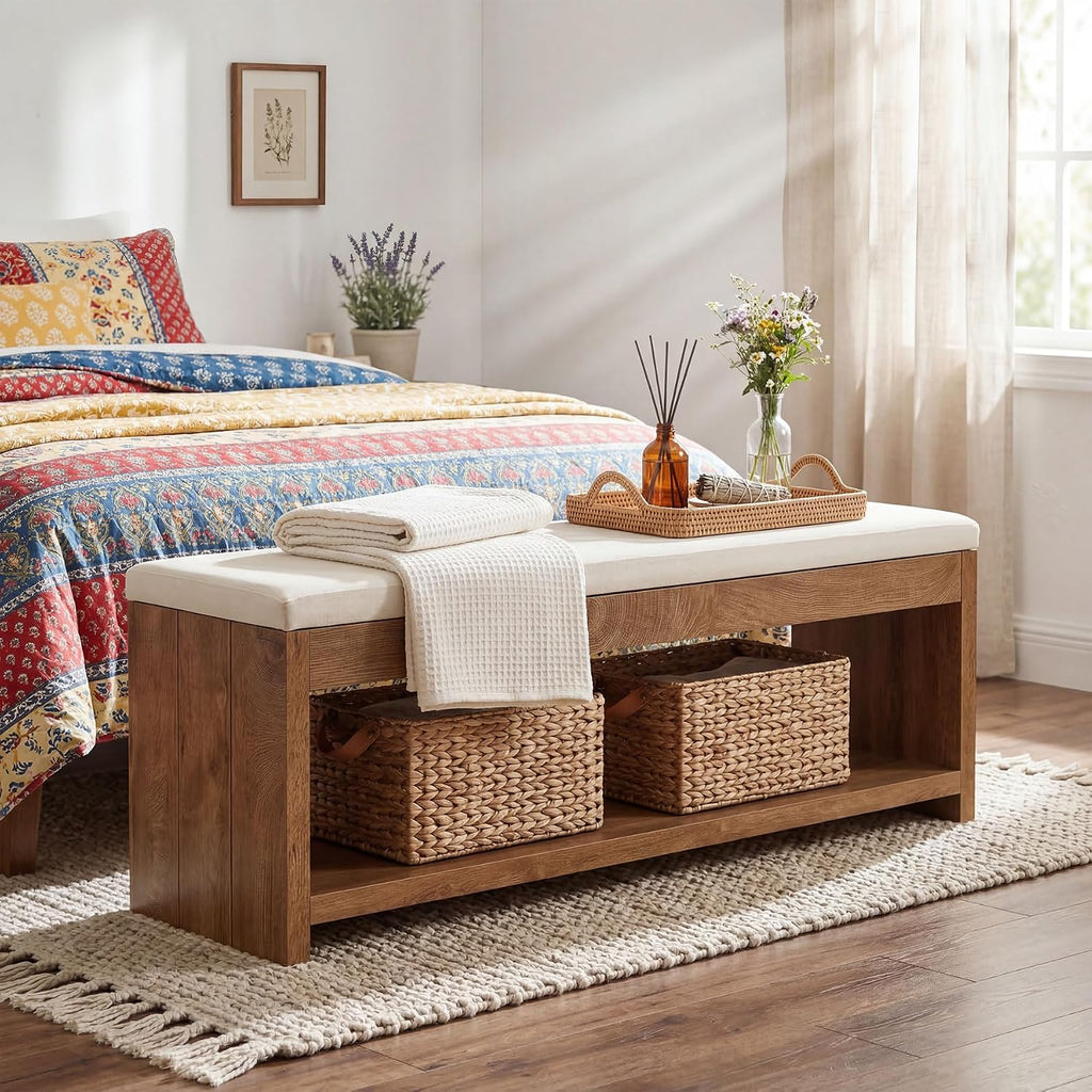 End of Bed Bench with Cushion , 55.1-Inch Wooden Upholstered Storage Bedroom Bench with Shoe Rack