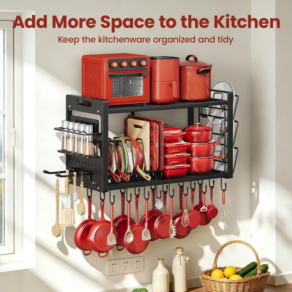 32 Inch Pot Rack Wall Mount,4 in 1 Hanging Heavy Duty Metal Pan Shelf Organizer with 20 Hooks 3 Pot Lid Holder and 8