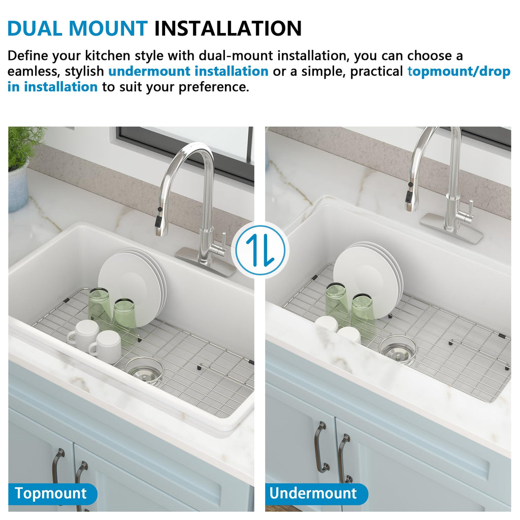 32 White Undermount Sink - 32"x19" Kitchen Sink White Ceramic Porcelain Fireclay Rectangular Deep Dual Mount Single
