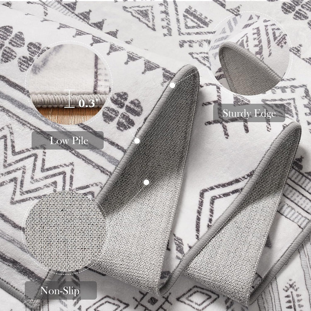Boho Area Rug, Grey Washable Rugs with Non Slip Backing, Soft Geomtric Stain Resistant Moroccan Carpet Floor