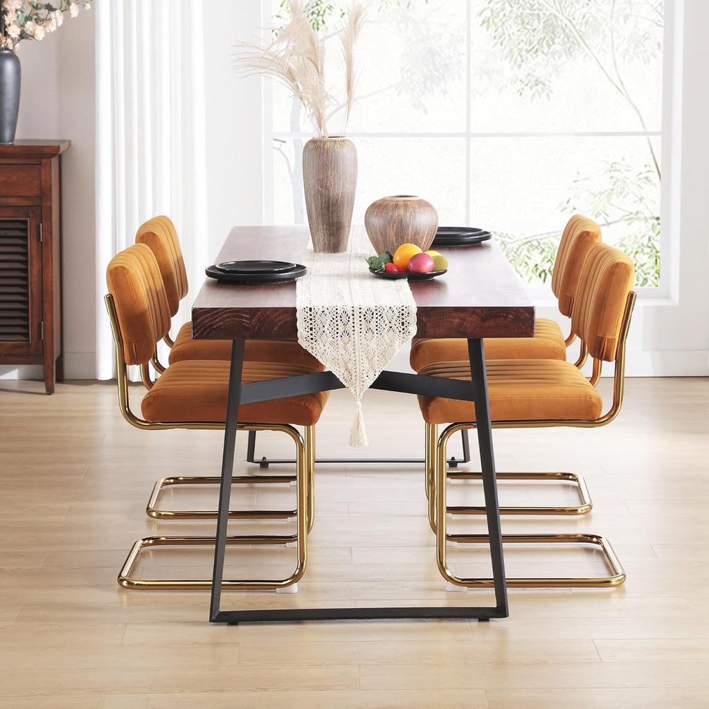 Orange Velvet Dining Chairs Set of 2, Upholstered Kitchen & Dining Room Chair, Comfy Dinner Chair with Gold Metal